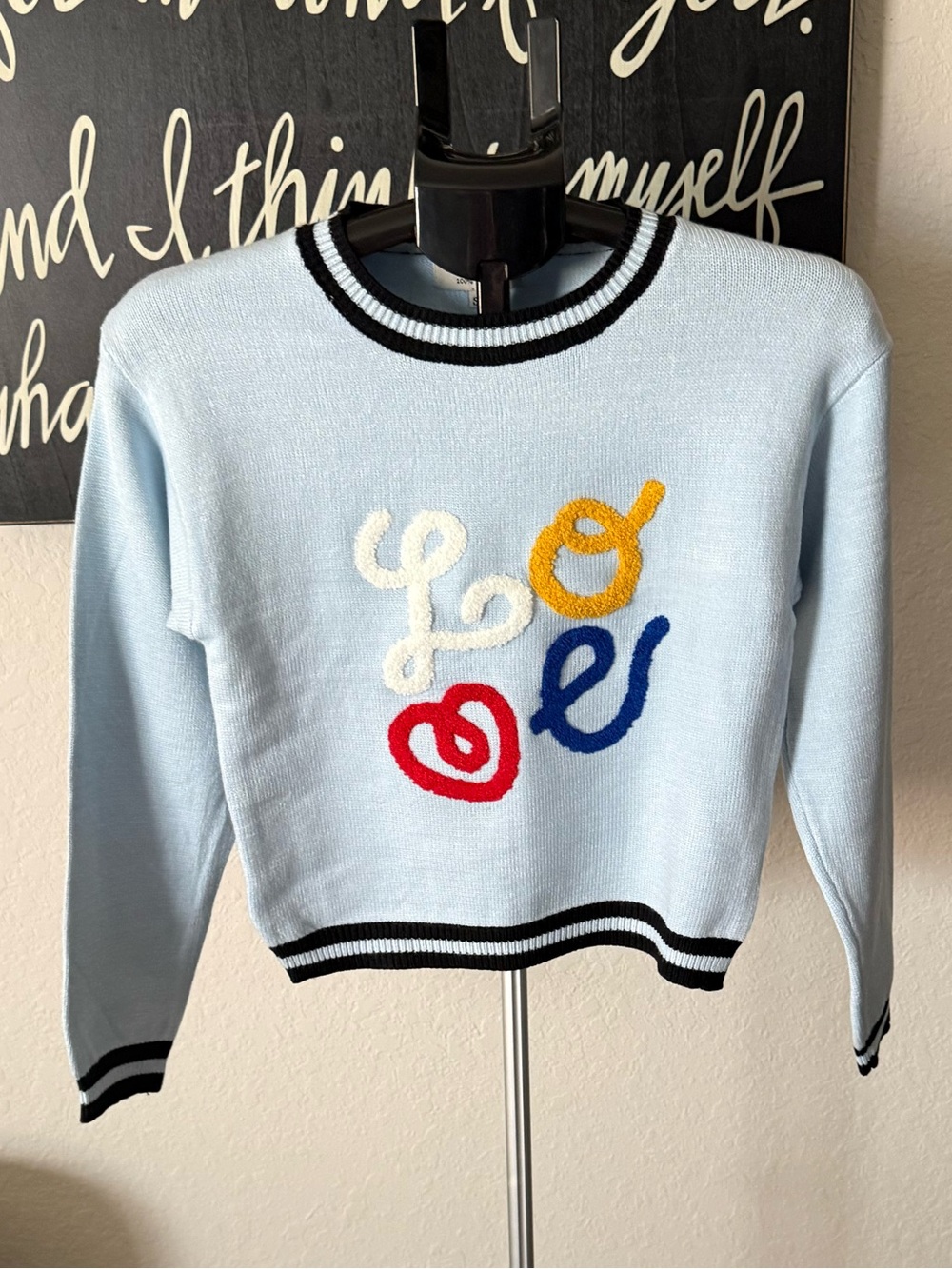 S. Christina Light Blue 'Love' Crewneck Sweater NWT